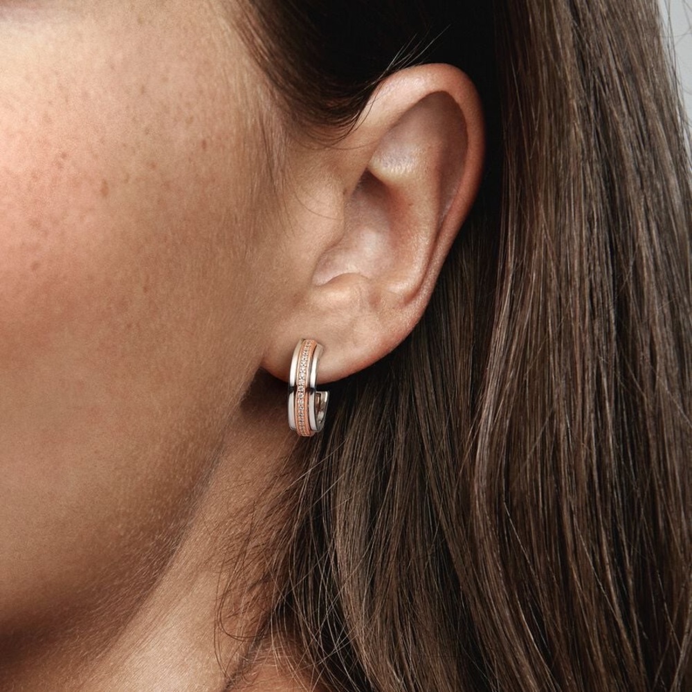Pandora Logo Two tone & Pavé Hoop Earrings - Picture 3 of 10